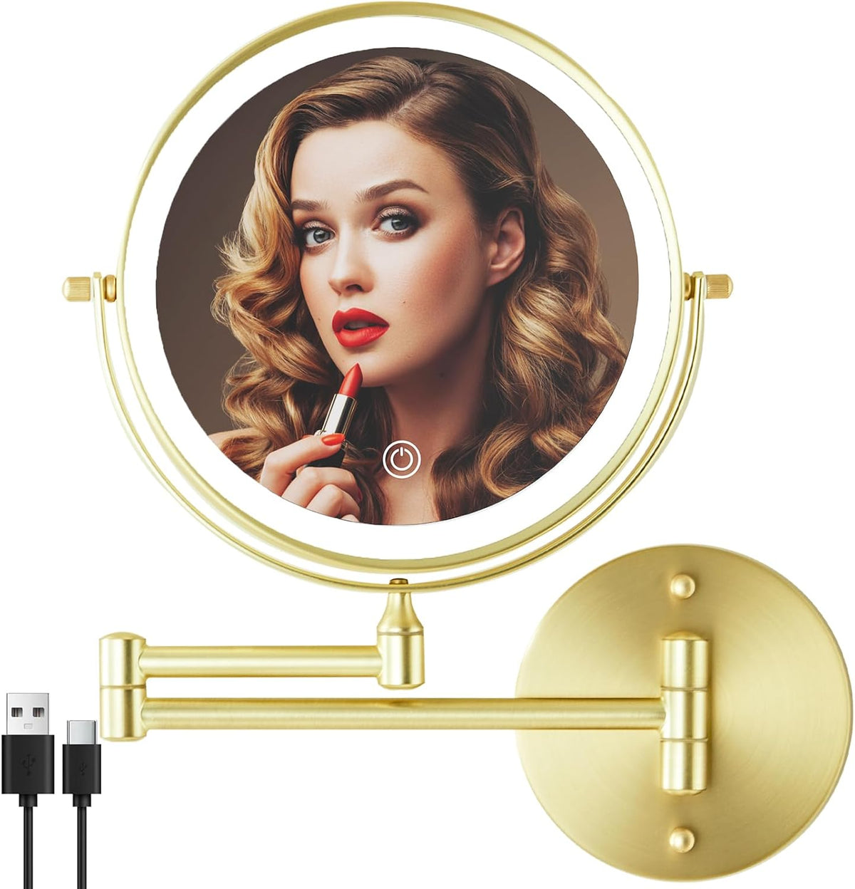 8" Wall Mounted Lighted Makeup Mirror, 1X/10X, Gold