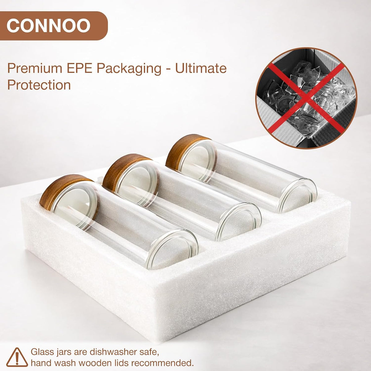 CONNOO 40oz Airtight Glass Storage Containers with Wood Lids (3-Pack)