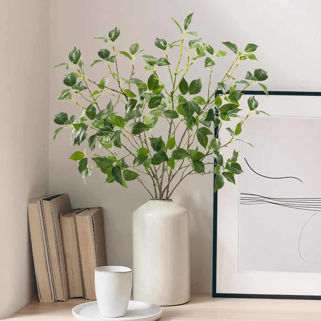 Artificial Plants Greenery Eucalyptus Stems Branches Plant for Home Decor，Faux Rustic Ficus Leaf Floral for Indoor Table Bathroom Bedroom Kitchen Decoration,Real Plastic Eucalytus Wedding Dcor（4PCS)