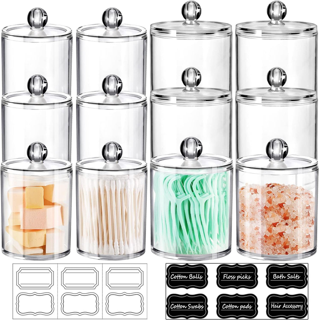 6 Pack Acrylic Qtip Holder with Labels, Qtip Jars for Bathroom