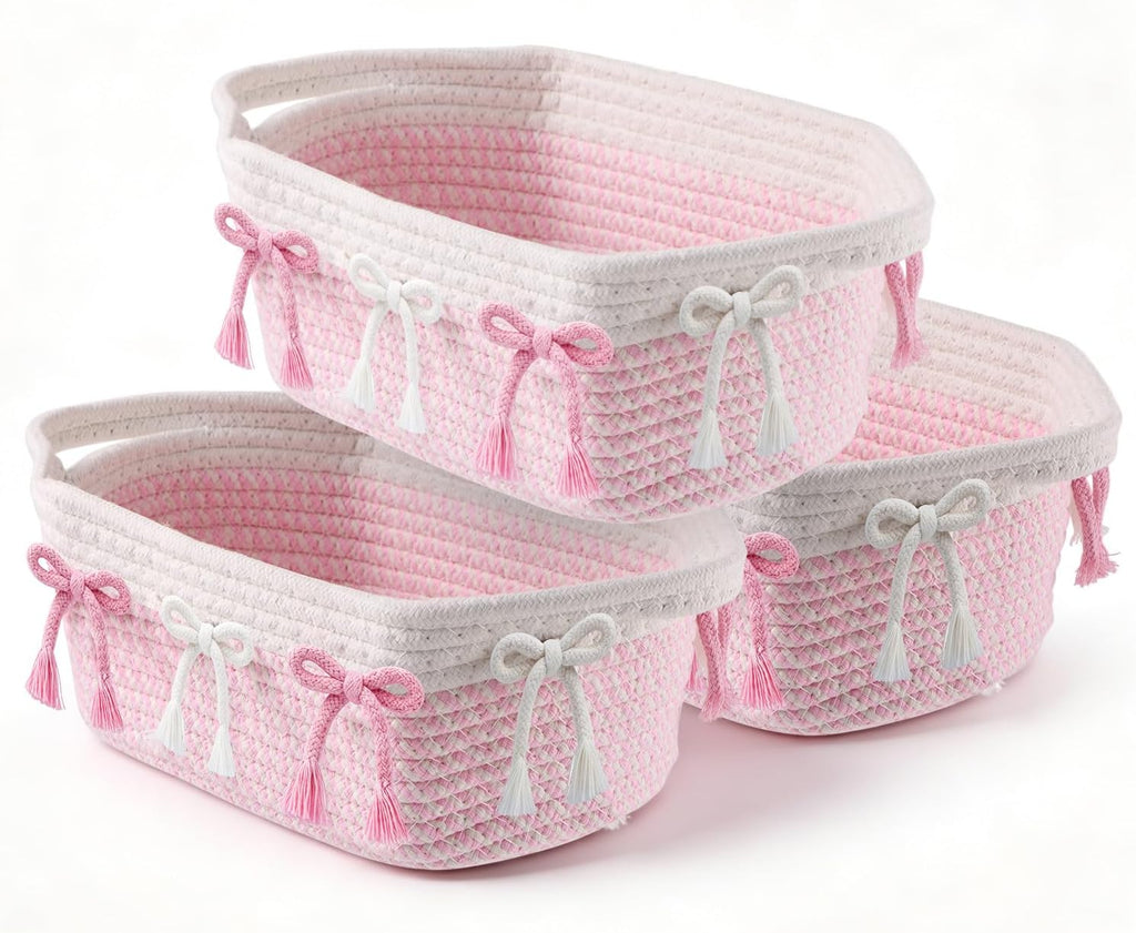 2PC Blue Bow Baskets for Gift Cute Coquette Woven Rope Storage Basket with Handle Laundry Hamper Storage Bins for Home Decor Organization Nursery Baby Shower, 11.8''x7.8''x4.7''