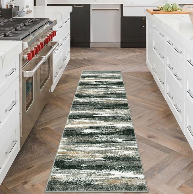 Lansny Modern Abstract Runner Rug 2x6, Forest Green Washable Kitchen Runner - Image 2