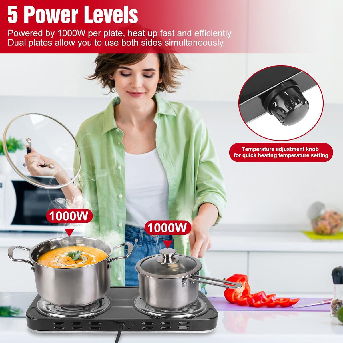2000W Electric Hot Plate,Portable Electric Stove Countertop Double Coil Burners W/Dual Control&5 Level Temperature Control, Easy to Clean,Lightweight Cast Iron Countertop Stove for Home Camp RV 110V