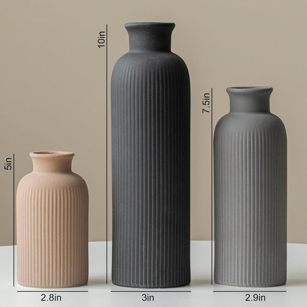 Modern Ceramic Vase Set, Black Ribbed Matte Design, 3-Piece Decorative Vases for Home, Living Room, Office (Black Mix)