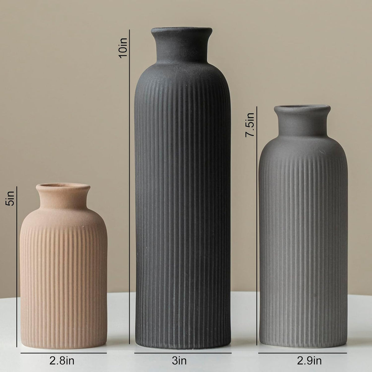 Modern Ceramic Vase Set, Black Ribbed Matte Design, 3-Piece Decorative Vases for Home, Living Room, Office (Black Mix)