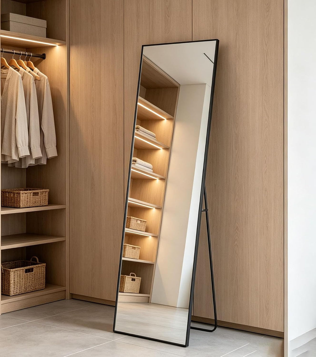 DUMOS 56"x15" Full Length Mirror with Stand, Full Body Mirror, Black