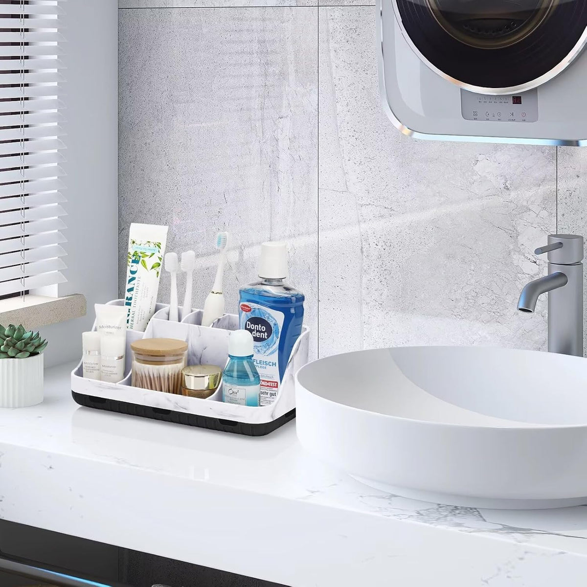 Marble Bathroom Countertop Organizer - Detachable 7 Slots Kids Electric Toothbrush and Toothpaste Holde Drainage for Bathroom Accessories Organization Counter Vanity Storage, Black