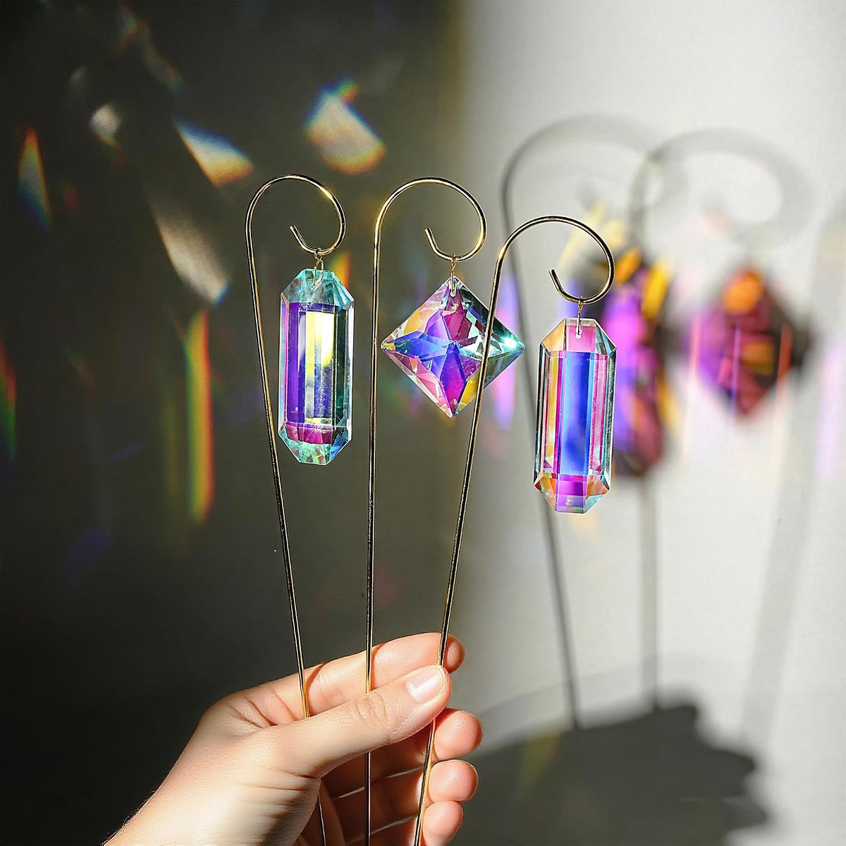 7 Pcs AB Colored Crystal Suncatcher Small Trellis Golden Plant Potted Stake