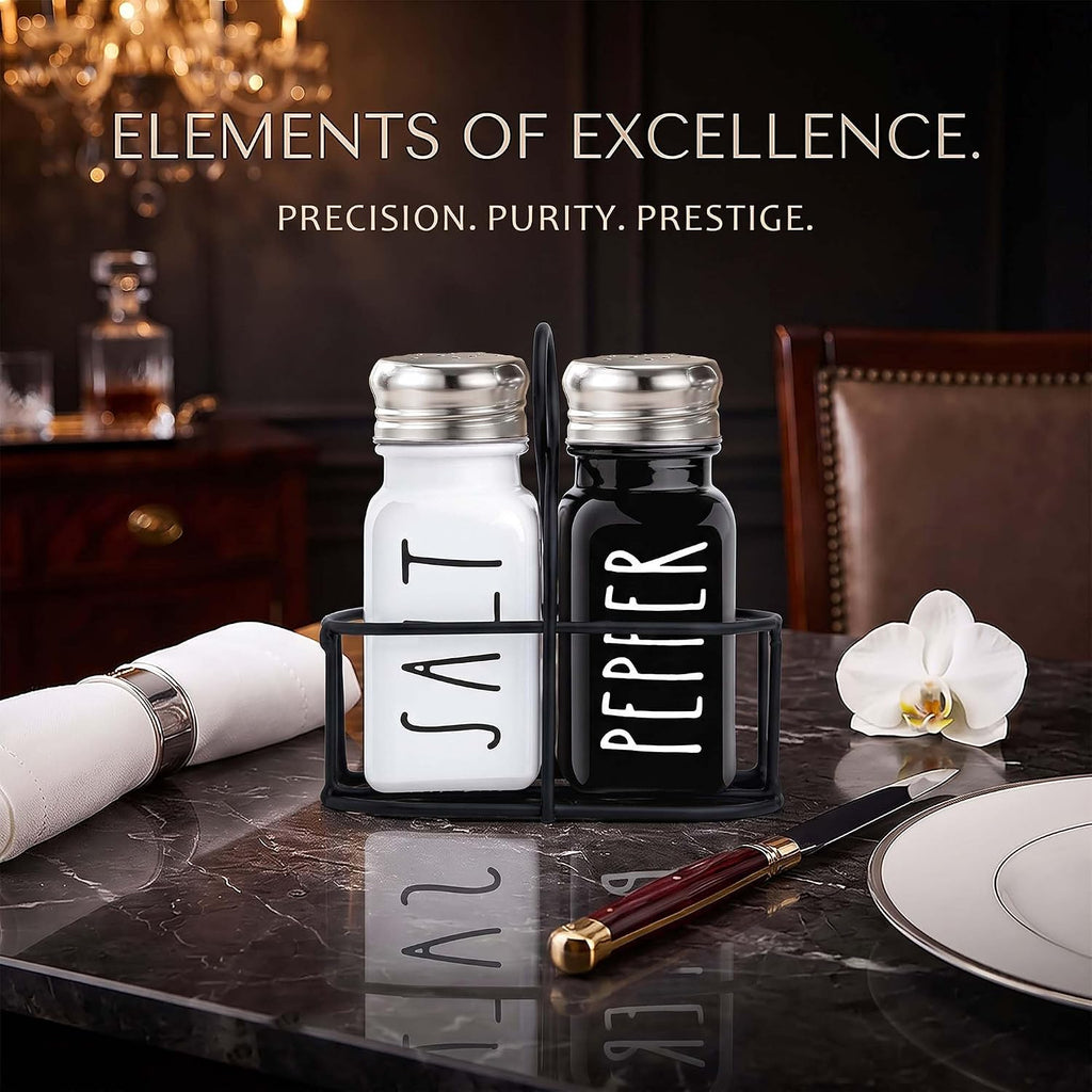 Farmhouse Salt and Pepper Shakers Set, A Cute Premium Glass Shakers with Holder and Stainless Steel Lids, Perfect for Adding a Vintage Kitchen Decor Charm, Great as a Gift (Black & White)