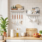 Floating Wall Shelves for Kitchen Bathroom Coffee Nook with 10 Adjustable Hooks for Mugs Cooking Utensils or Towel Rustic Storage Shelves Set of 2/17x5.9 inch (White)