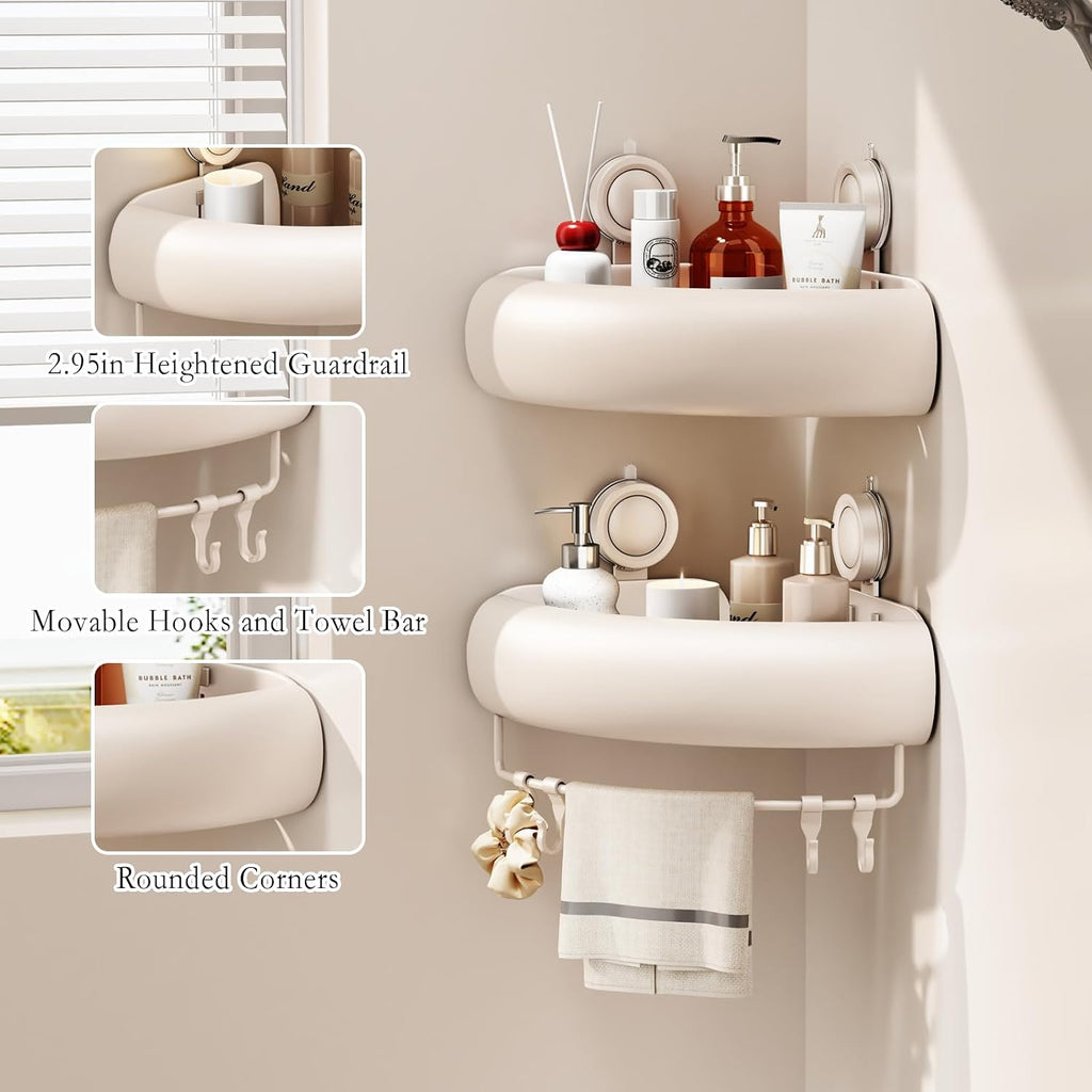 Shower Caddy Suction Cup, 2 Pack No Drilling Corner Shower Shelves, Rust Proof Bathroom Storage Organizer, Shower Corner Caddy with Removable Hooks and Towel Bar, Triangle, Cream