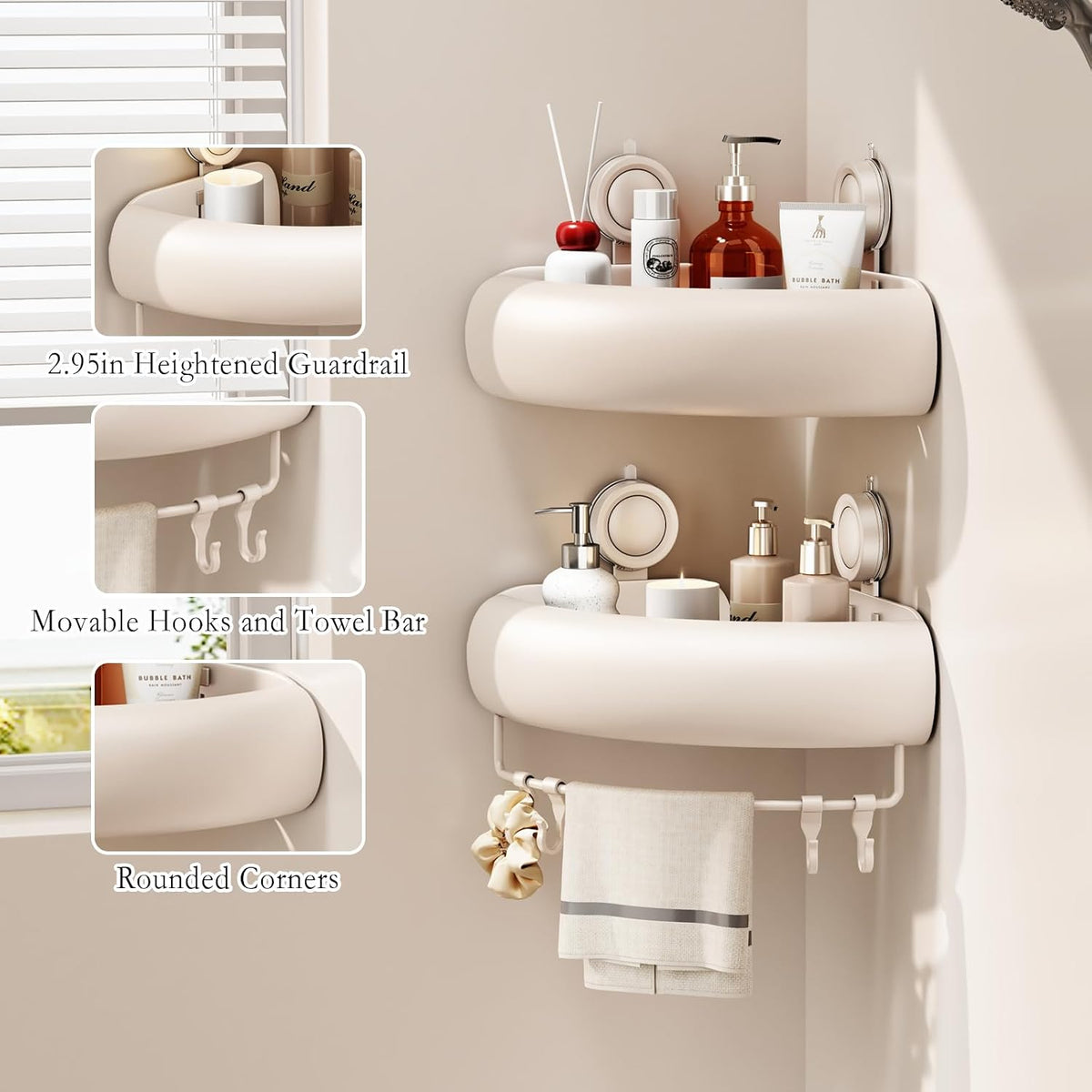 Shower Caddy Suction Cup, 2 Pack No Drilling Corner Shower Shelves, Rust Proof Bathroom Storage Organizer, Shower Corner Caddy with Removable Hooks and Towel Bar, Triangle, Cream
