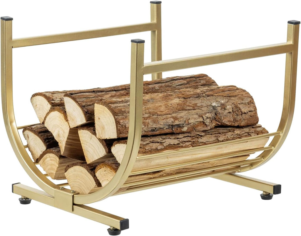 MyGift Modern Firewood Storage Rack with Brass Tone Metal U-Shape Frame, Compact Freestanding Fireplace Fire Starter Kindling Split Log Holder Elevated Wood Caddy