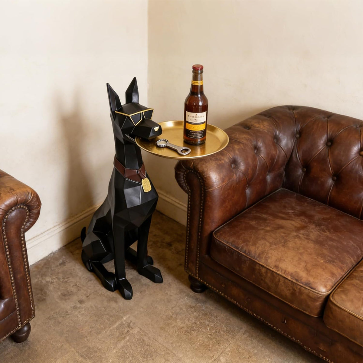 29-Inch Black Resin Geometric Doberman Statue with Tray, Dog Side Table