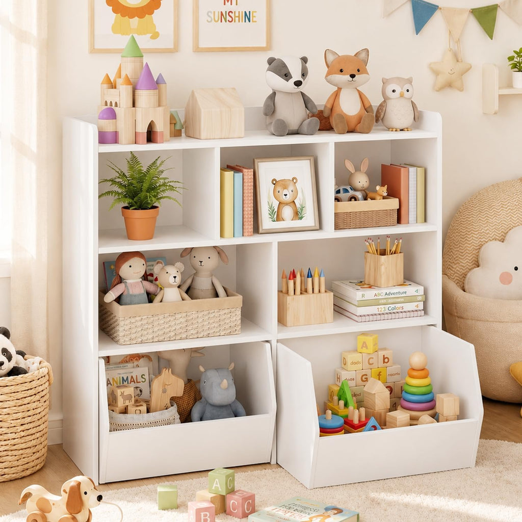 IDEALHOUSE Toy Storage Organizer with Movable Drawers, Kids Bookshelf with Hidden Wheels and 5 Open Cubbies, Multifunctional Storage Cabinet Chest for Playroom