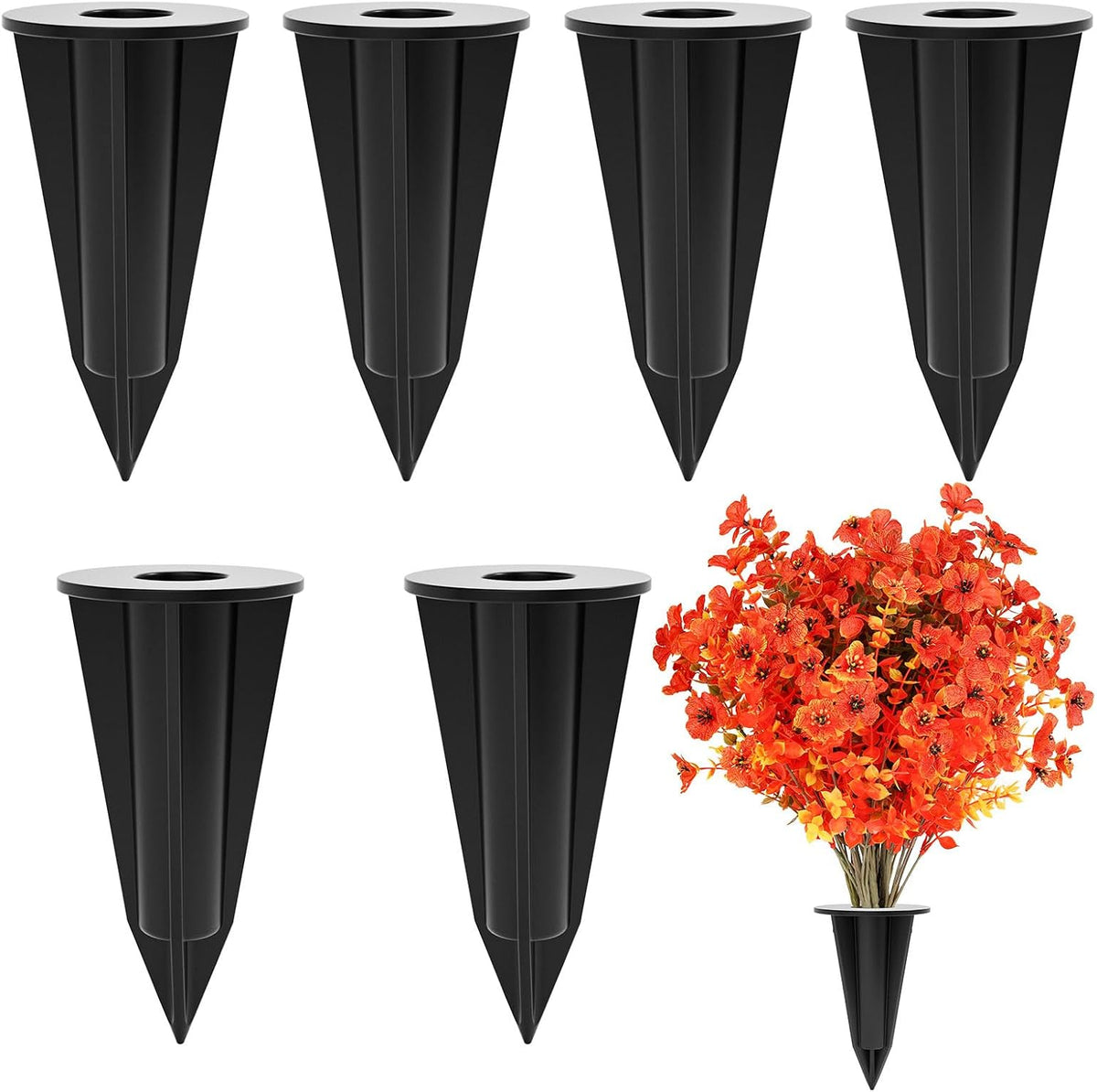 Artificial Flowers Holder for Outdoors and Indoor, 6 PCS Floral Ground Spike for Door Yard Porch Patio Garden Window Box Office Table Kitchen Home Planter Pot Vase Flowerpot Decorations (Black)