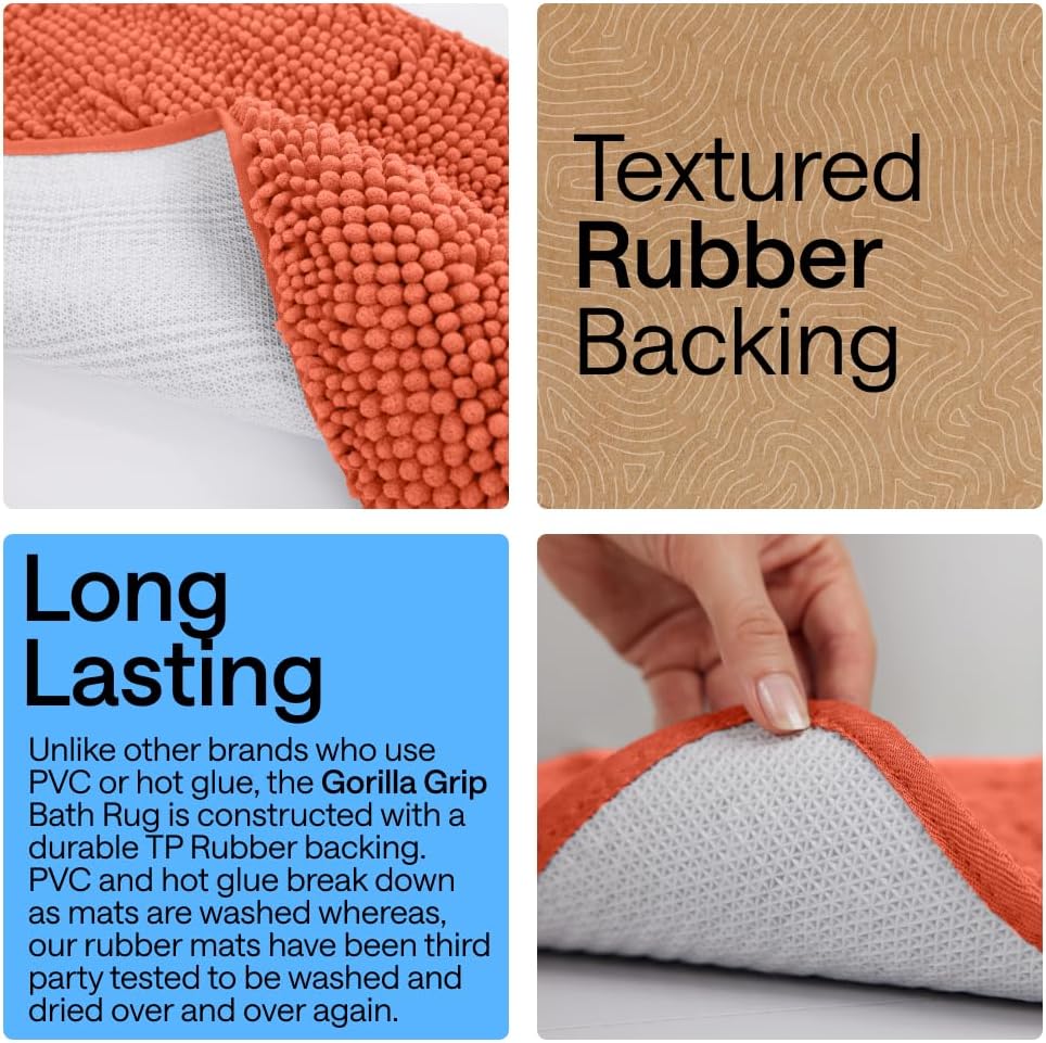 GORILLA GRIP Bath Rug Mat for Bathroom, Absorbent Chenille, 24x17 Coral