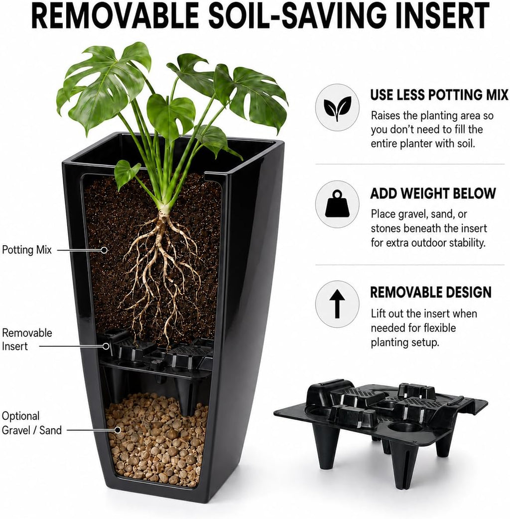21" Tall Square Planters 2 Pack, Resin Pots Indoor Outdoor, Black