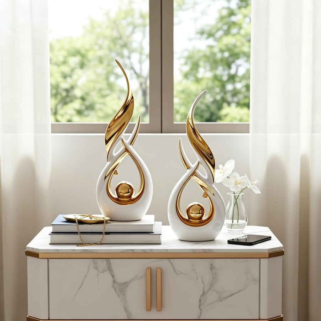 Gold Ceramic Abstract 2 Piece Statue Set,Mid Century Modern Abstract Art Home Decor Statue Mantelpiece on Unique Shelf Decor, TV Cabinet Divider Table top and Dining Table Centerpiece (White Gold)