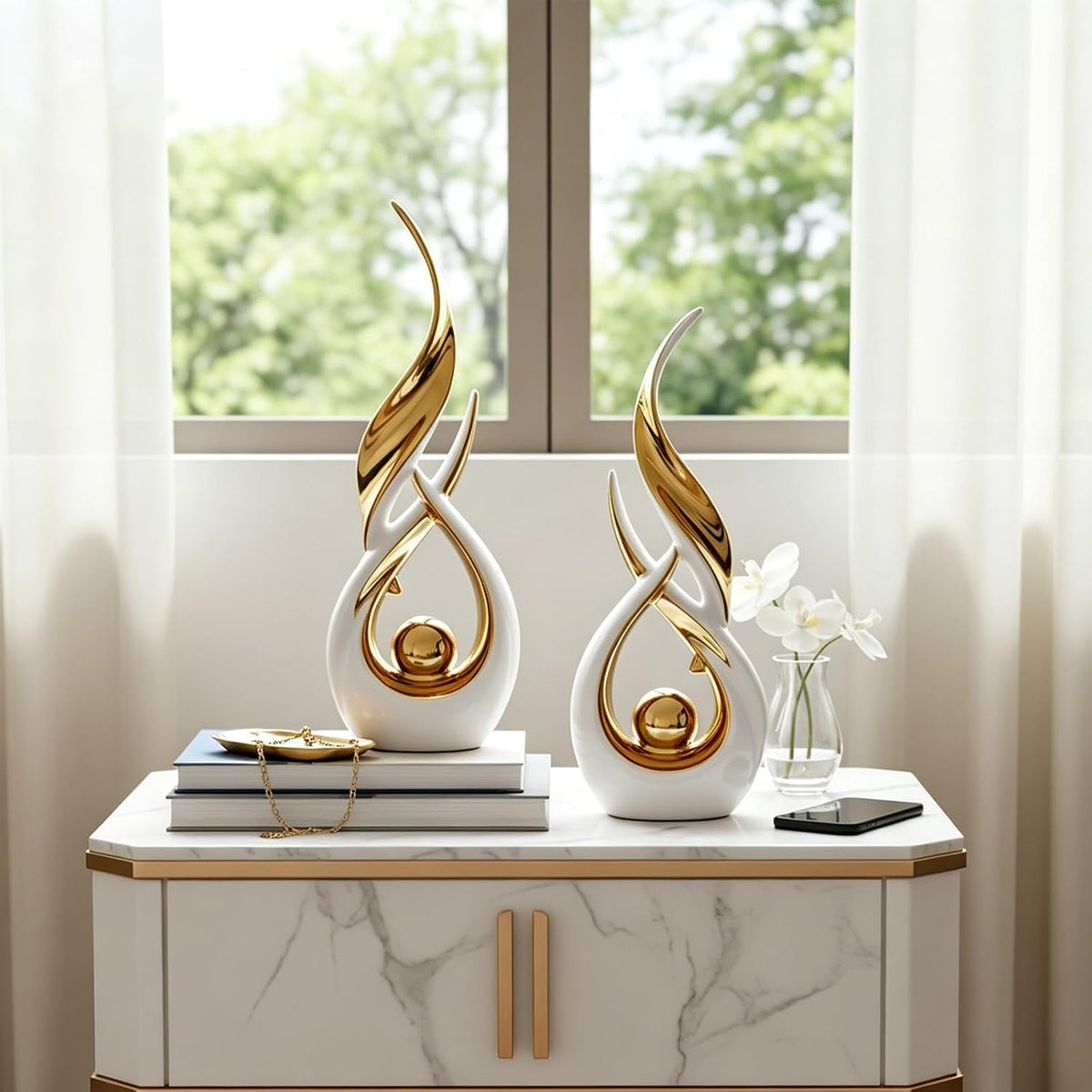 Gold Ceramic Abstract 2 Piece Statue Set,Mid Century Modern Abstract Art Home Decor Statue Mantelpiece on Unique Shelf Decor, TV Cabinet Divider Table top and Dining Table Centerpiece (White Gold)