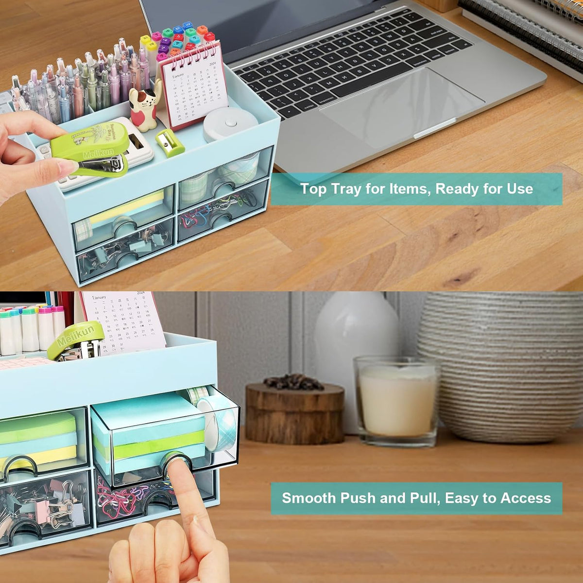 Desk Organizer, Office Organizer with Drawer, Desk Accessories & Workspace Organizers, Pen Holder Office Supplies for Desk (4 Drawers+4 Compartments, Blue)