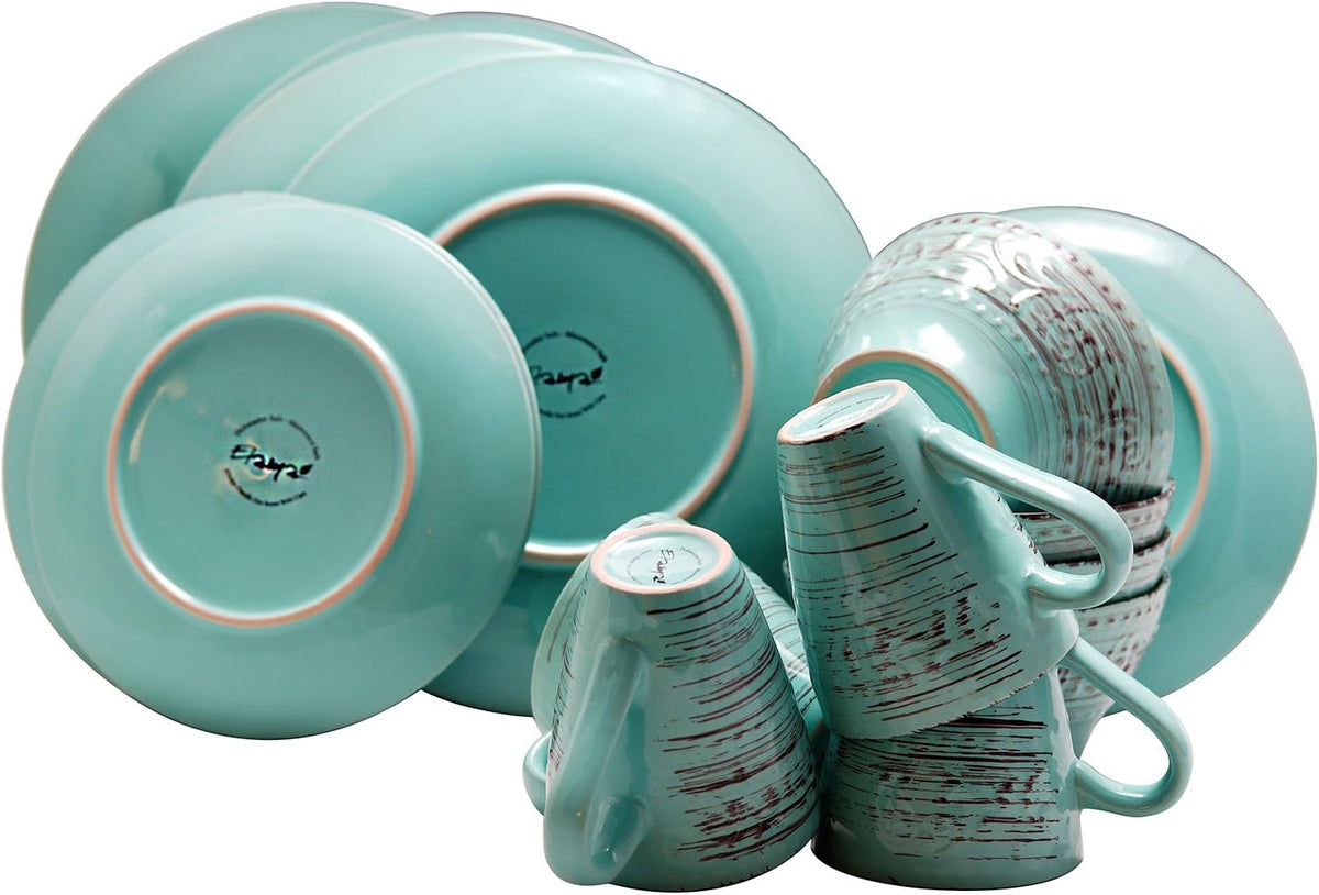 Elama Embossed Stoneware Ocean Dinnerware Dish Set, 16 Piece, Turquoise