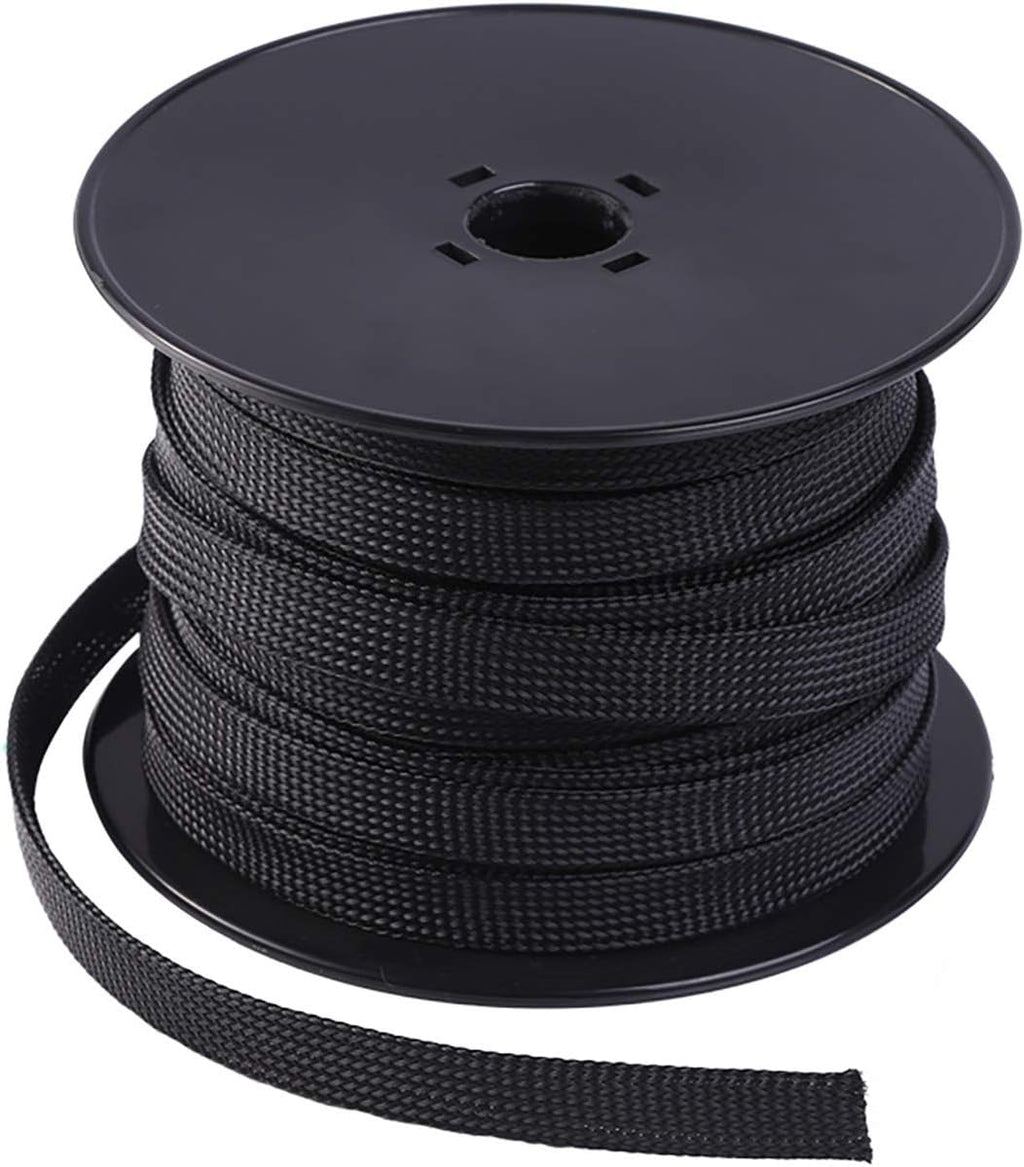 Keco 100ft – 1/4 inch PET Braided Expandable Cable Sleeve – Wire Sleeving for Audio Video and Other Home Device Cable Automotive Wire - Black