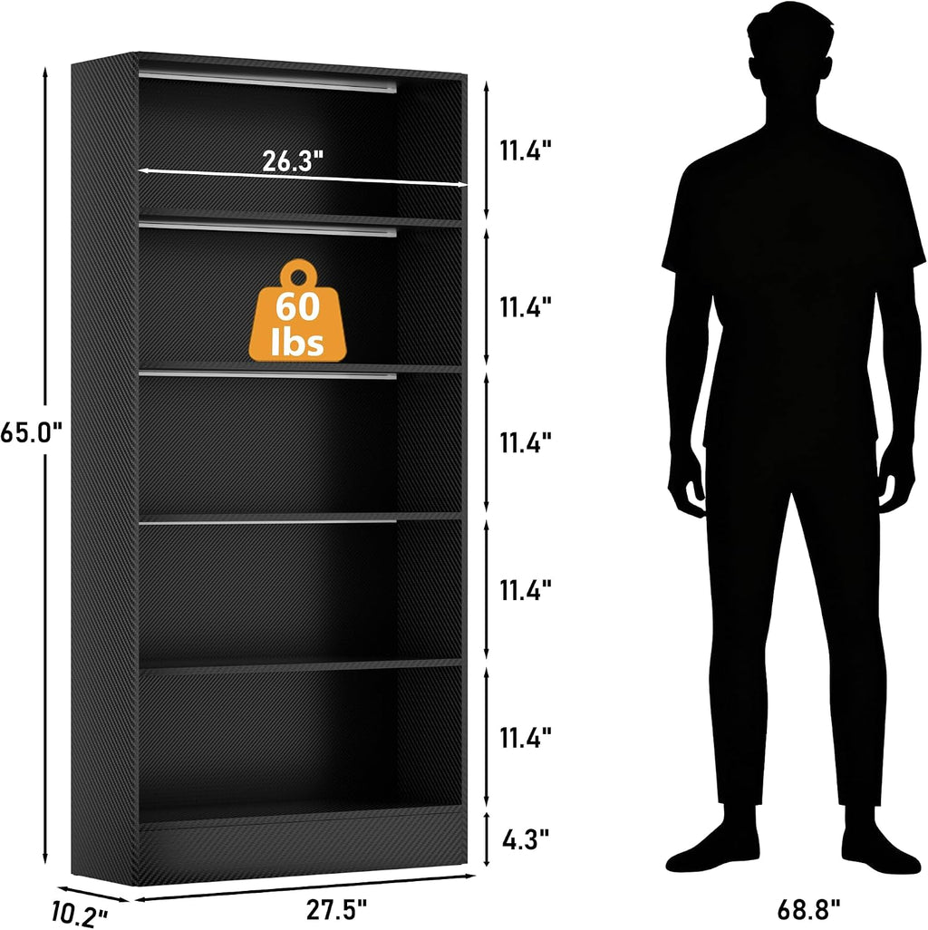CODACE Tall Wooden 5-Tier Black Bookshelf - Display Cabinet with LED Lights
