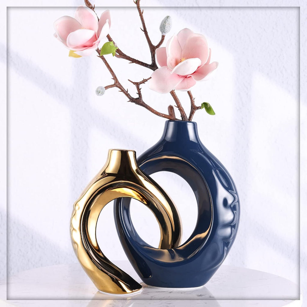 Navy Blue Home Decor Ceramic Vase, Navy Blue Gold Vase with Holes Set of 2