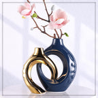 Navy Blue Home Decor Ceramic Vase, Navy Blue Gold Vase with Holes Set of 2