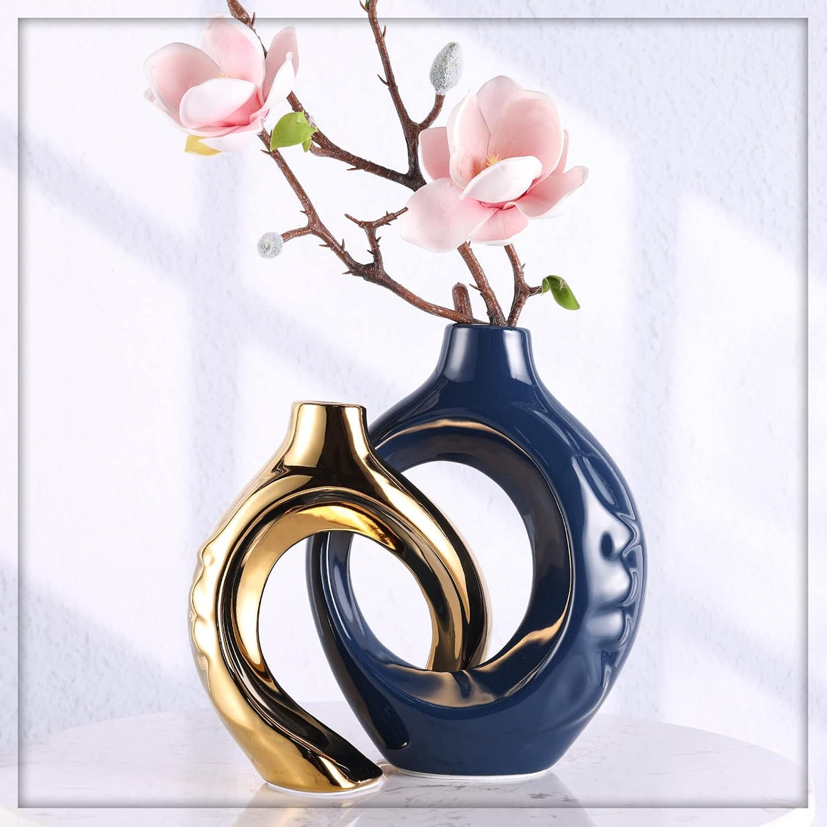 Navy Blue Home Decor Ceramic Vase, Navy Blue Gold Vase with Holes Set of 2