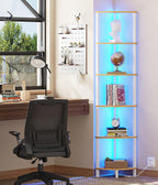 VIMBER 6-Tier Corner Shelf with LED Light, Industrial Corner Ladder Shelf, Rustic Display Shelf for Living Room, Bedroom, Kitchen, Home Office, Sturdy Frame, White and Nature Wood Color UJSJ002Q