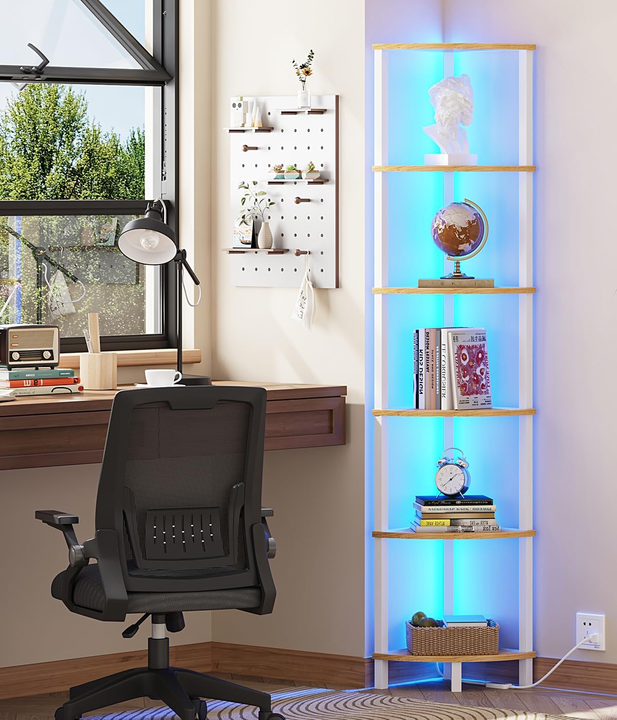VIMBER 6-Tier Corner Shelf with LED Light, Industrial Corner Ladder Shelf, Rustic Display Shelf for Living Room, Bedroom, Kitchen, Home Office, Sturdy Frame, White and Nature Wood Color UJSJ002Q