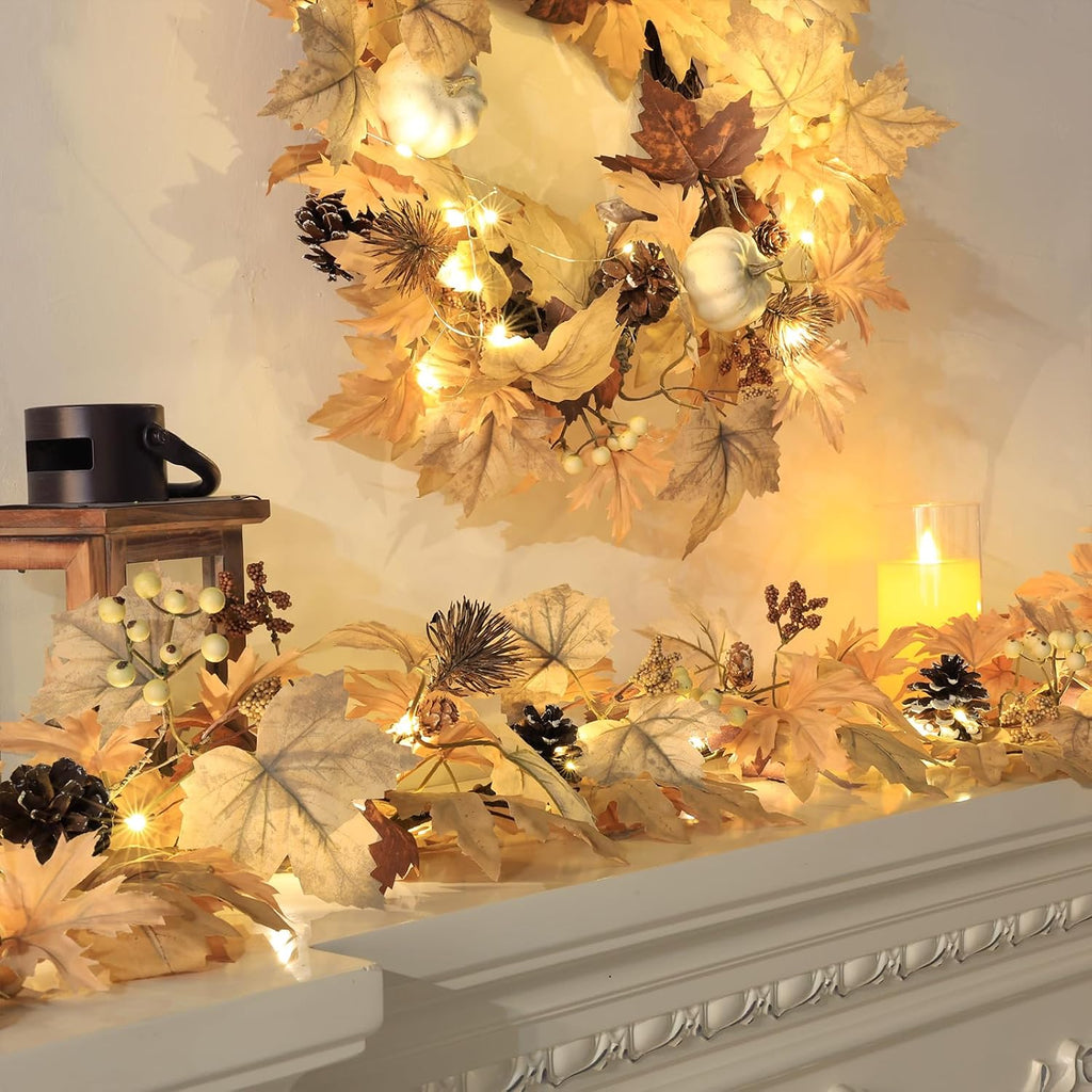 Realistic Fall Garland with Lights, 6 FT Real Touch Feel Leaves Garland with Berries Pine Cones, Fall Decorations for Home Thanksgiving Halloween Decorations Indoor Farmhouse Porch Fireplace
