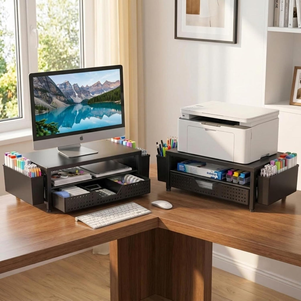 ECOLOVI Desk Organizer and Accessories, 2-Tier Computer Monitor Stand Rise with Storage Drawer & 2 Pen Holders, Laptop & Printer Stand for Desktop, Workspace Organizers for Office Supplies (Black)