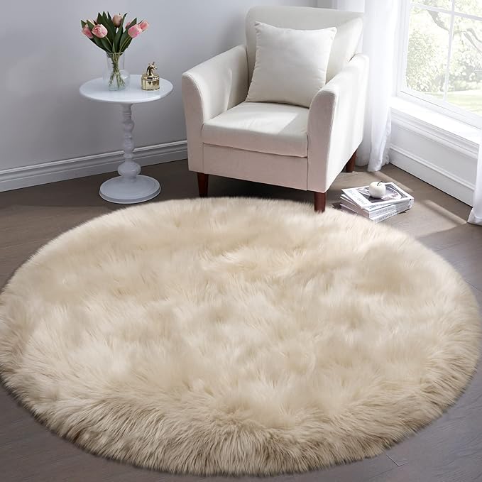 Tangsoo Round Faux Fur Rugs, Sheepskin Round Rugs 3ft, Soft Small Circle Rug - Image 2