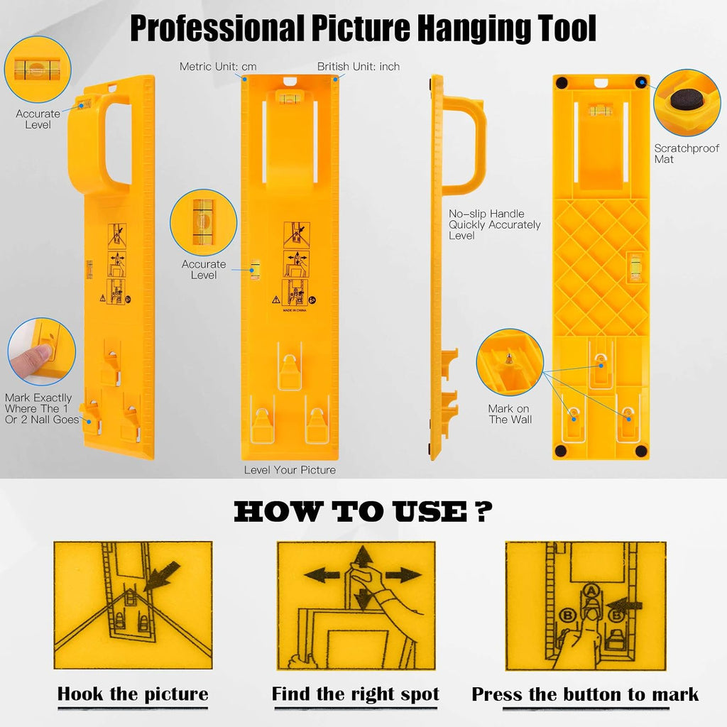 Glarks 307Pcs Picture Hanging Kit, Picture Frame Hanger Tool with Level Ruler and 306Pcs Nails, Hooks, Hanging Wire, Screw Eyes, D Ring and Sawtooth Hanger for Frame Hanging Wall Mounting
