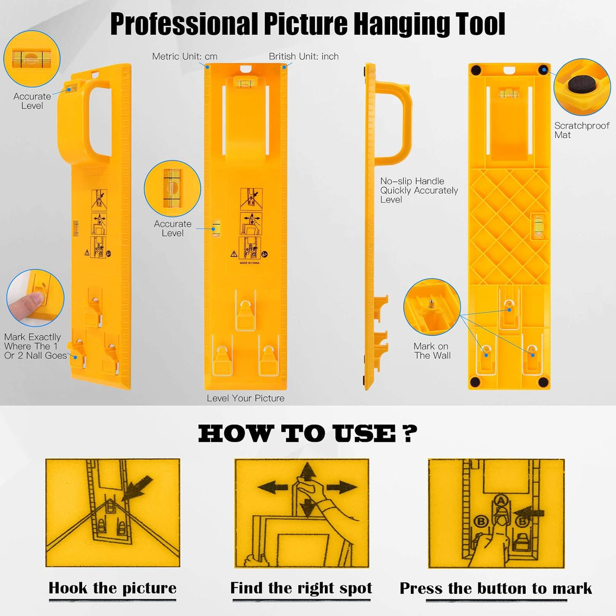 Glarks 307Pcs Picture Hanging Kit, Picture Frame Hanger Tool with Level Ruler and 306Pcs Nails, Hooks, Hanging Wire, Screw Eyes, D Ring and Sawtooth Hanger for Frame Hanging Wall Mounting