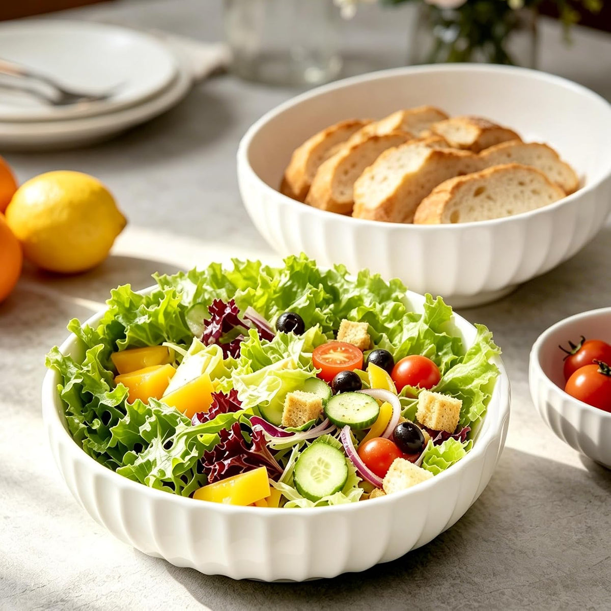 12'' 152oz Extra Large Ceramic Mixing Bowl Salad Bowl, 2 Pcs, Ribbed Style