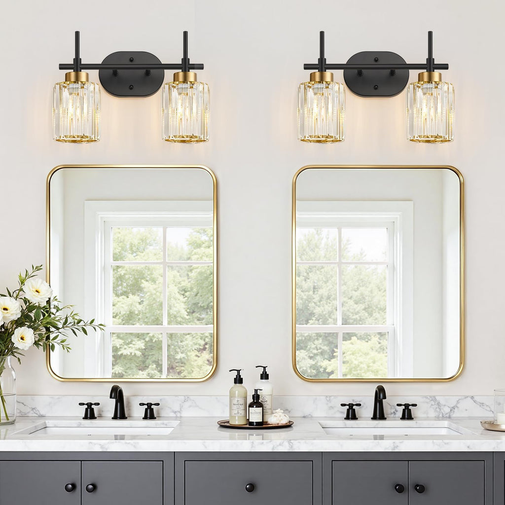 Modern Crystal Bathroom Vanity Light Fixtures, 2-Light Black and Gold Bathroom Wall Sconce Lighting for Over Mirror, Clear K9 Crystal Shades, E26 Base, Bulbs Not Included