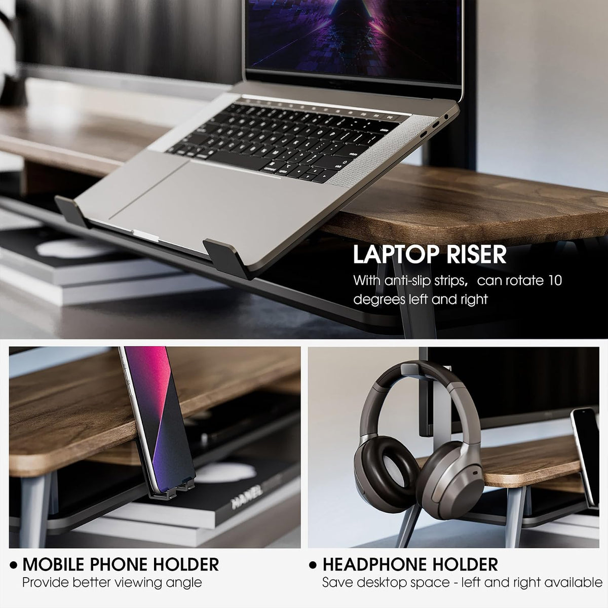 Fenge 42.5-Inch Monitor Stand Riser with Laptop, Phone & Headphone Holders