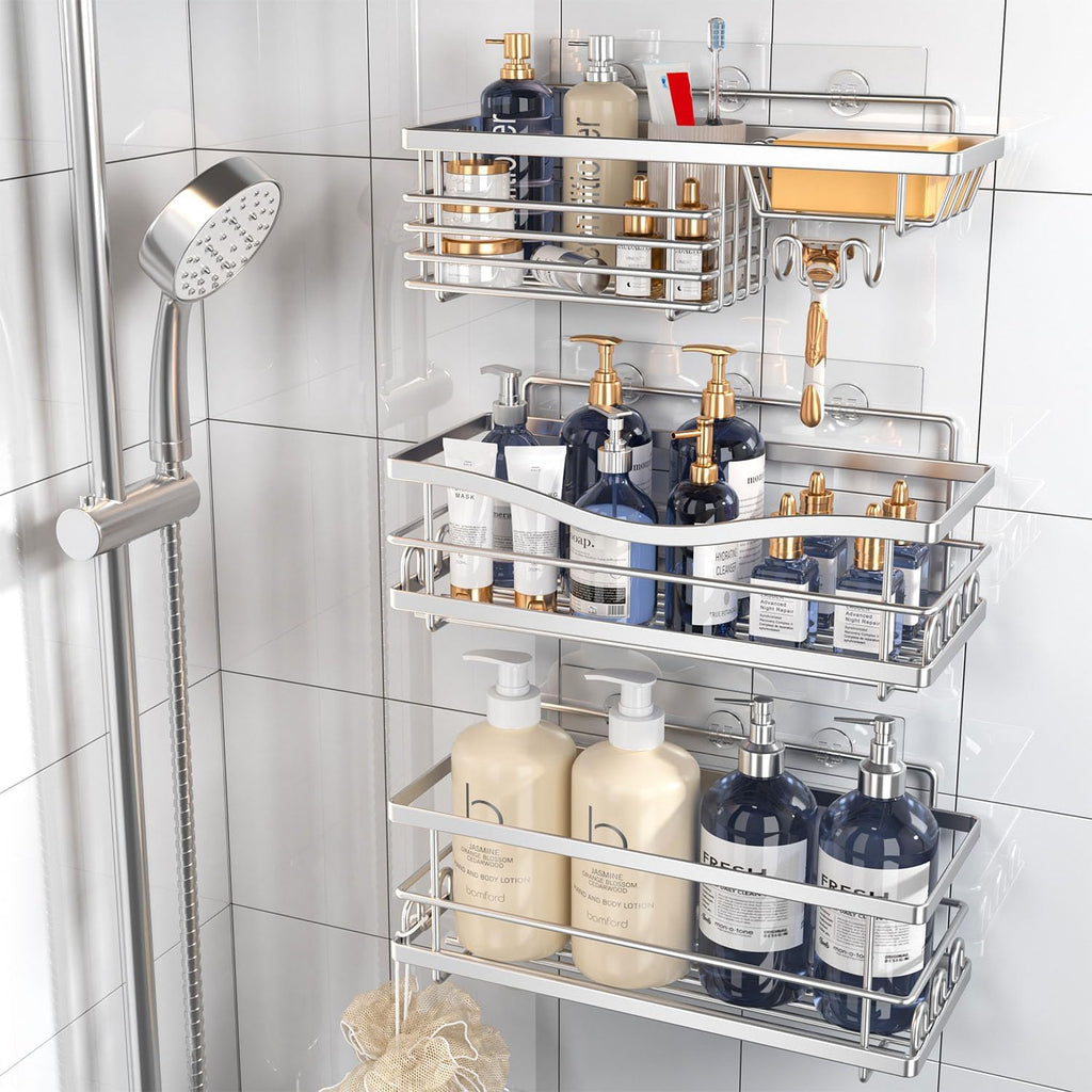 Adhesive Shower Caddy, Silver, 3 Pack