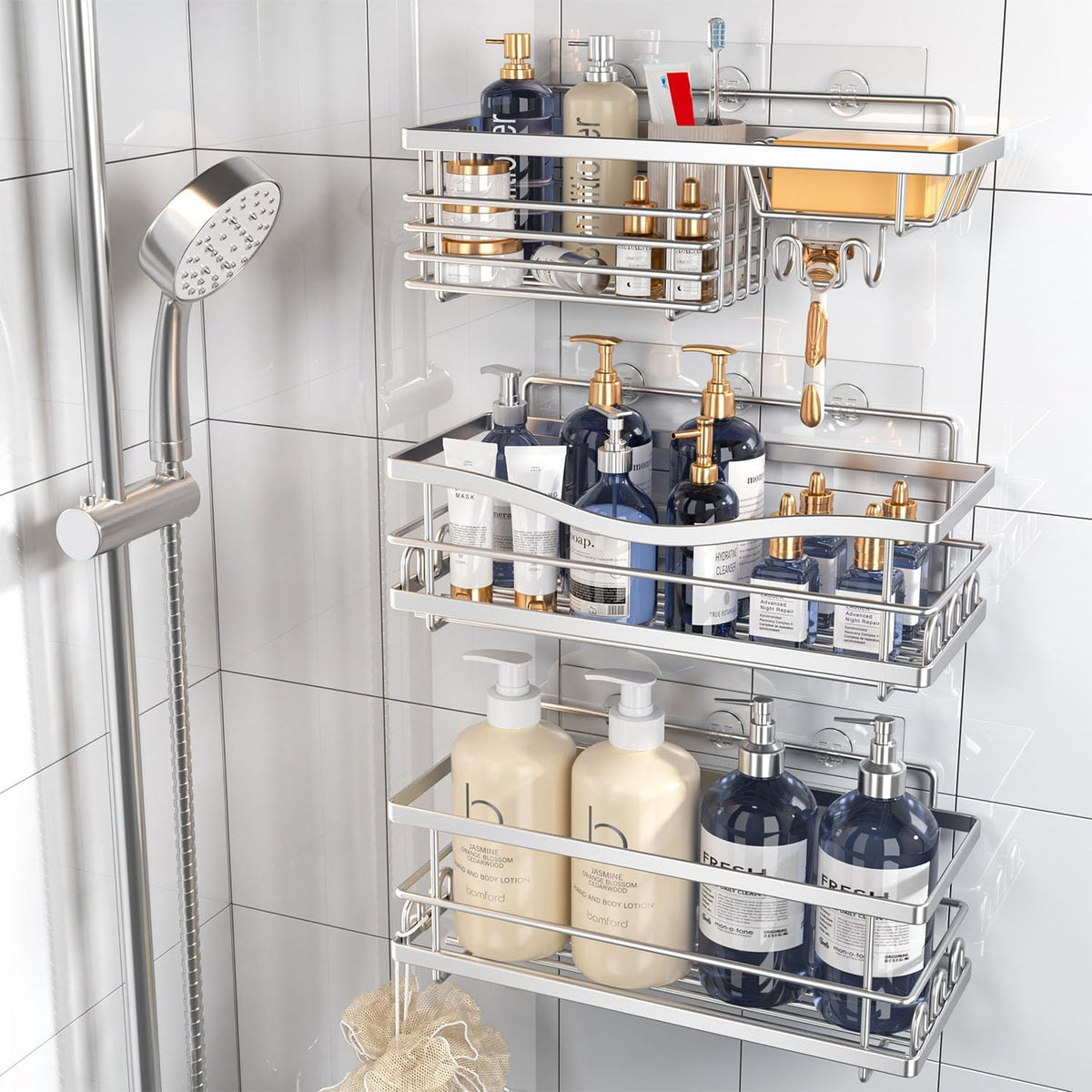 Adhesive Shower Caddy, Silver, 3 Pack