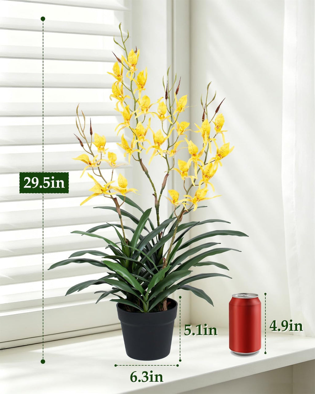 Potted Fake Orchid, Bright Yellow 29.5" Artificial Dendrobium, Fake Flowers with Matching Orchid Pot for Balcony, Kitchen & Spring Table Arrangement, Set of 1