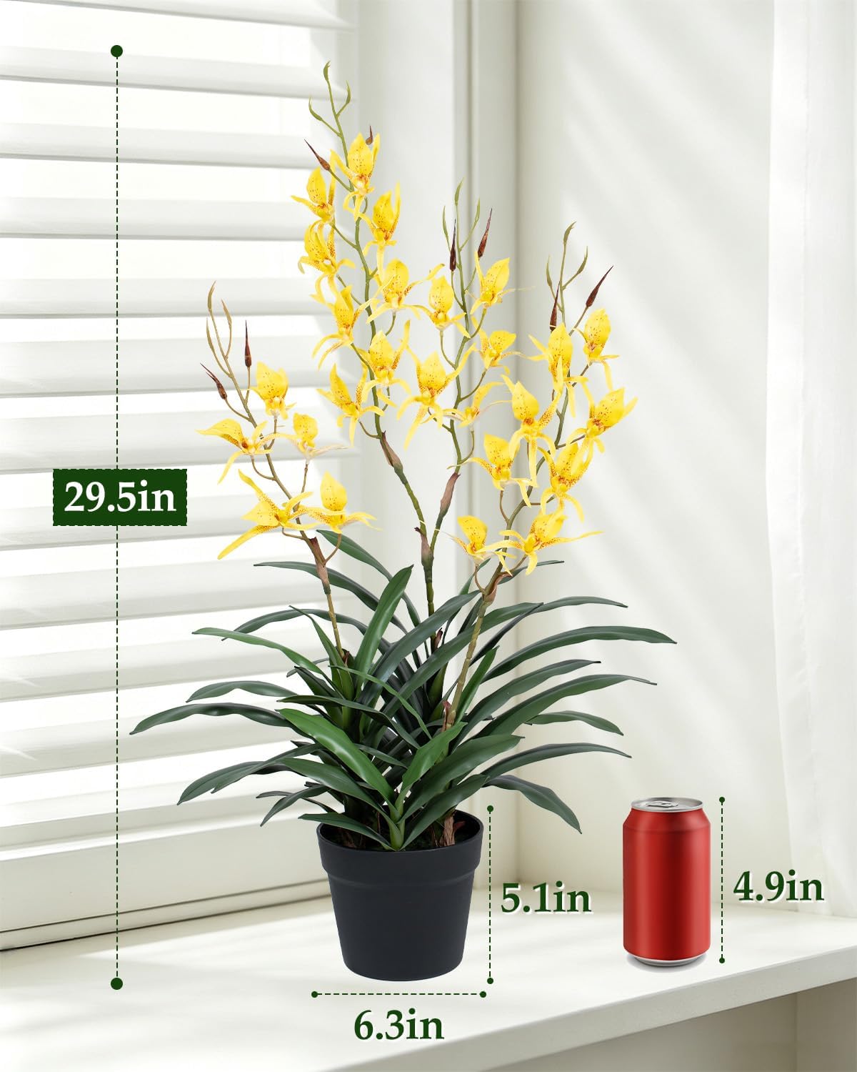 Potted Fake Orchid, Bright Yellow 29.5" Artificial Dendrobium, Fake Flowers with Matching Orchid Pot for Balcony, Kitchen & Spring Table Arrangement, Set of 1