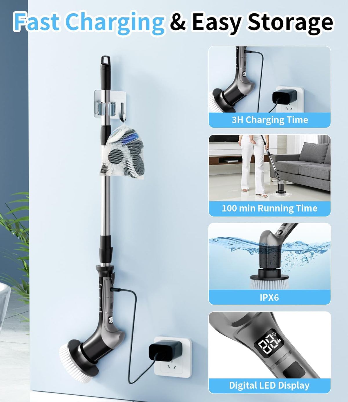 Electric Spin Scrubber for Bathtub,Kitchen,Shower Scrubber with Long Handle