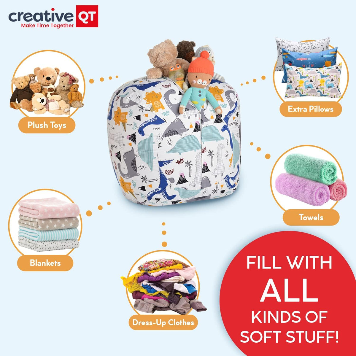 Creative QT Stuff ’n Sit Large 33’’ Bean Bag Storage Cover for Stuffed Animals & Toys, Giant Beanbag Chair for Kids Ages 3-14, Bedroom Organizer, Gray/White Stripe