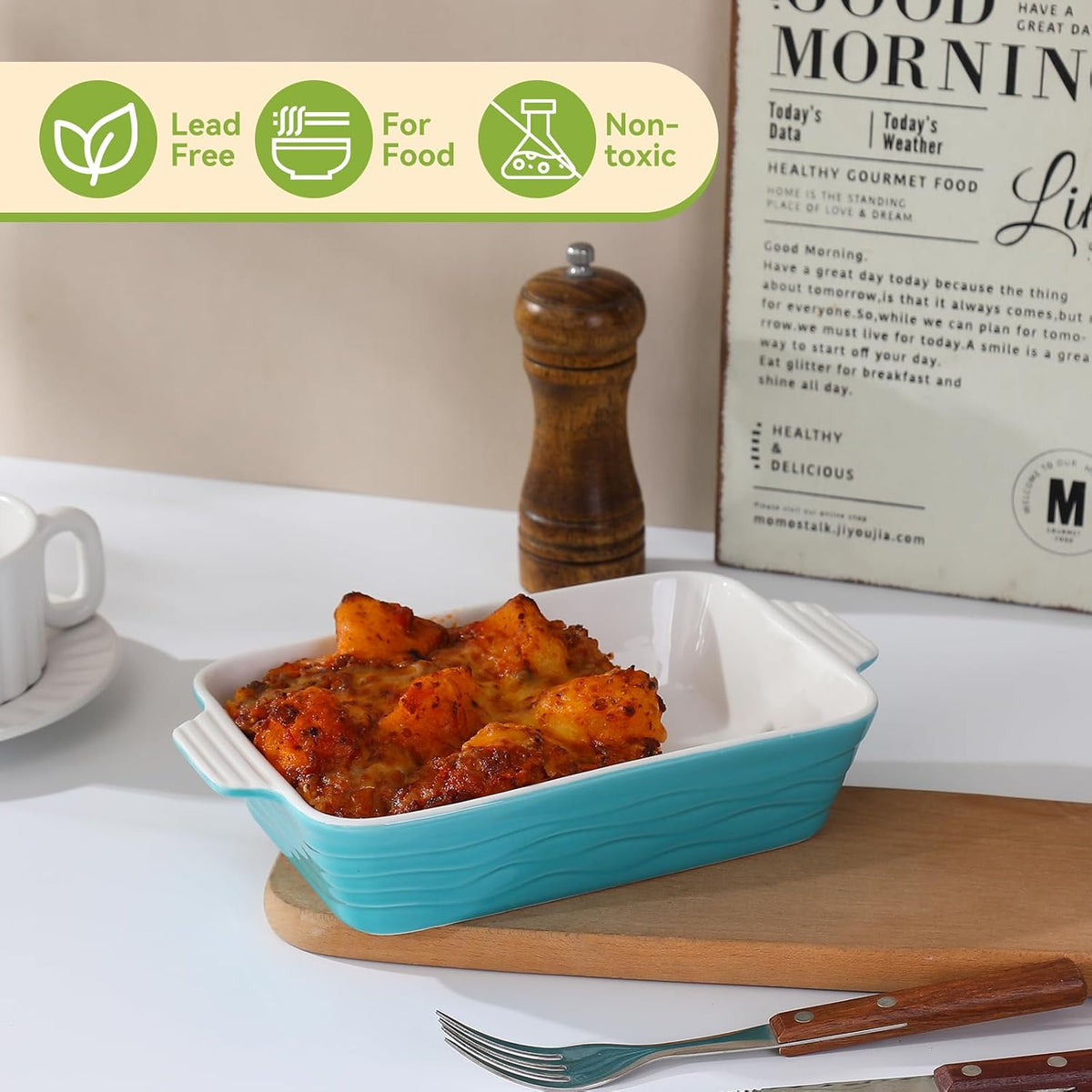 Baking Dish for Oven Casserole Dishes Bakeware Set With Ramekin Ceramic Lasagna Pan 9×12.8 Inch Large Deep Baking Dishes Rectangular Non-Stick Baking Pans for Kitchen Baking and Roasting Turquoise