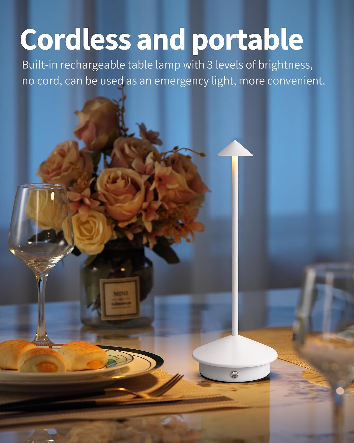 Modern Cordless Table Lamp Set of 2, White Portable LED Desk Lamps