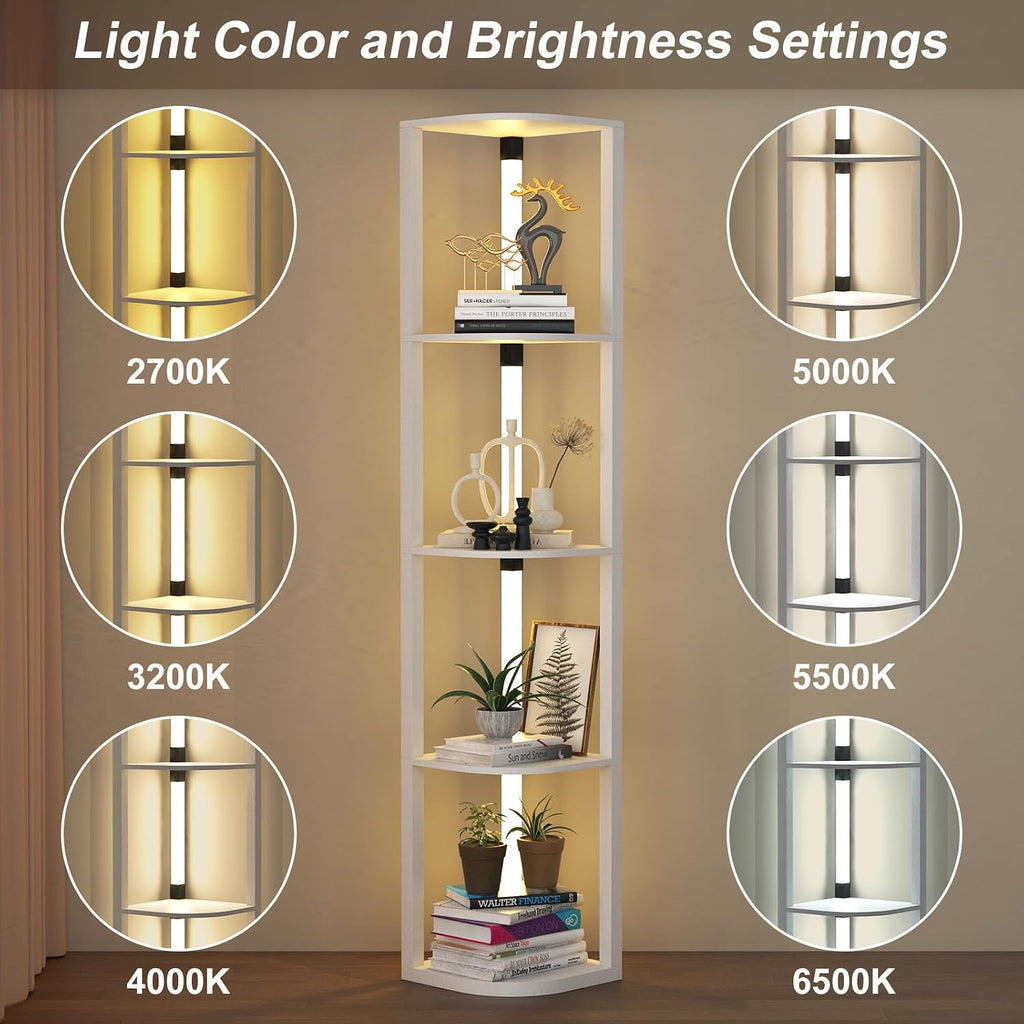 VTRIN Corner Shelf with Light, Floor Lamps with Shelves for Living Room, Small Space, Modern Home Decor Stand Sturdy 5-Tier Corner Bookshelf Cabinet Display Shelf for Collectibles, White